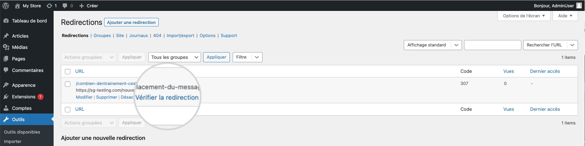 Option « Vérifier la redirection » pour le plugin Redirection