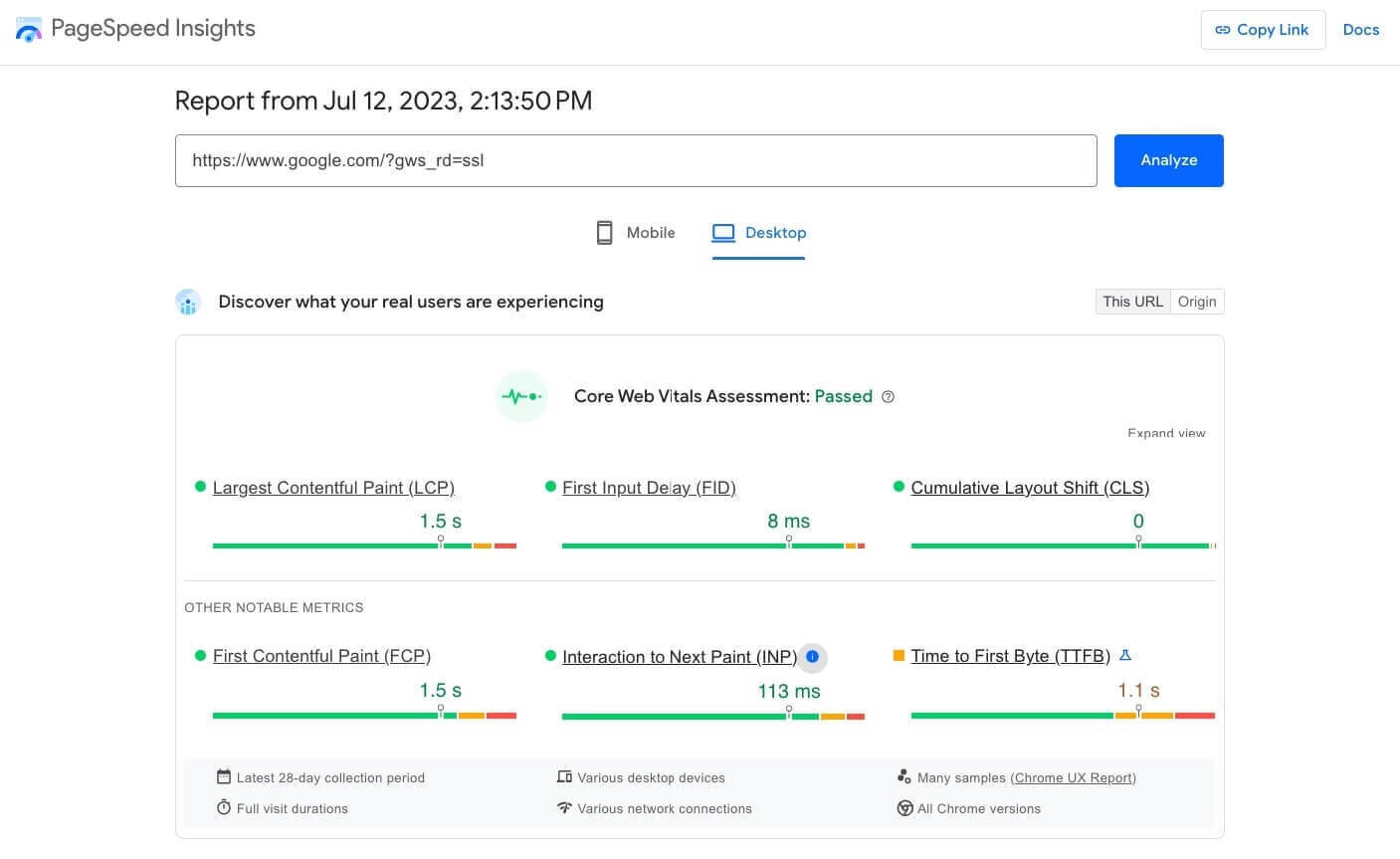 Capture d'écran montrant les Goole PageSpeed Insights d'un site Web
