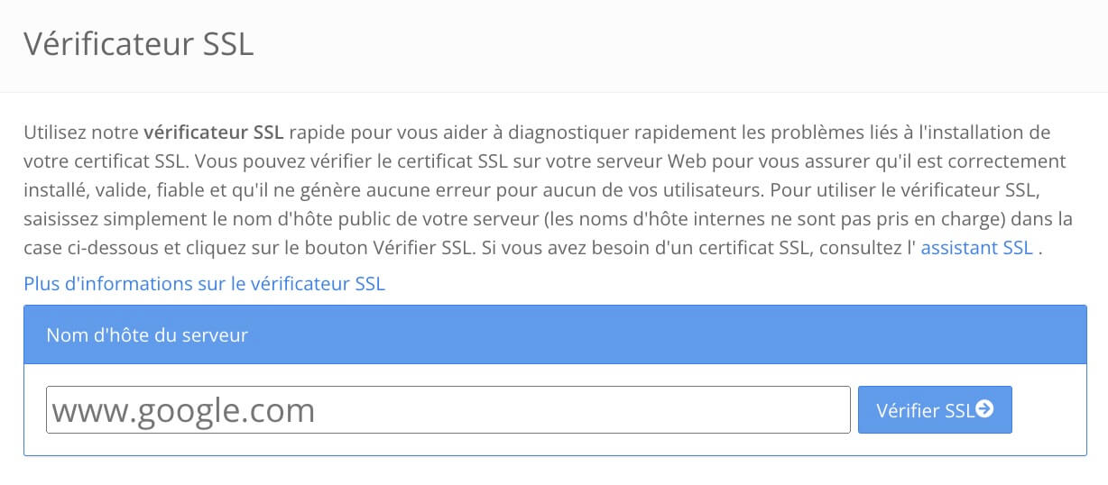 Extrait du vérificateur SSL sur le site sslshopper.com, avec un champ pour le nom d'hôte du serveur et un bouton pour vérifier le SSL.