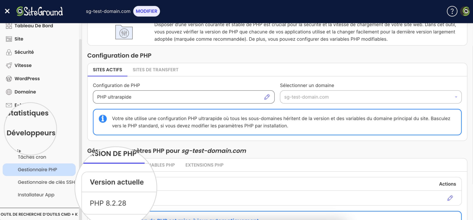 Capture d'écran du gestionnaire PHP dans le tableau de bord Site Tools, où vous pouvez vérifier la version PHP de votre site et, si nécessaire, la mettre à jour pour prendre en charge le format d'image AVIF.