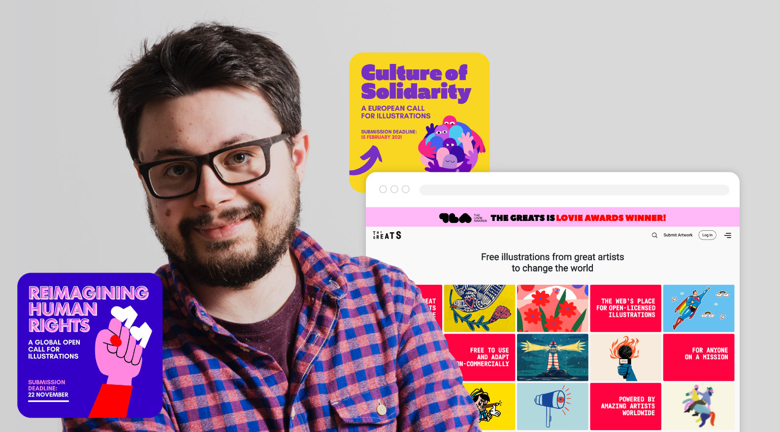A smiling man in a plaid shirt, with overlays of colorful graphic design posters.