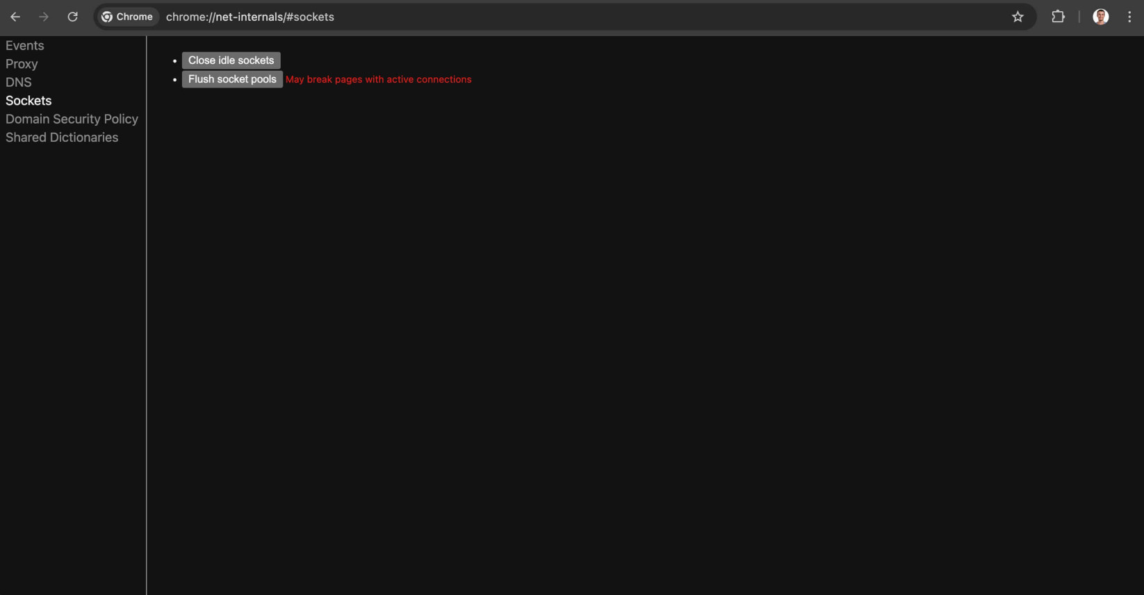 Capture d’écran de la page des paramètres avancés de Google Chrome où vous pouvez vider les pools de socket.
