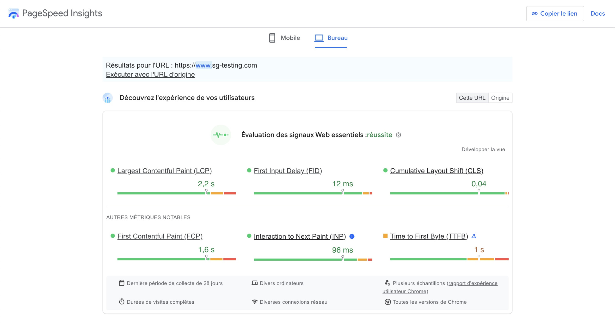 Vue agrandie des données de base du Web dans Google PageSpeed Insights