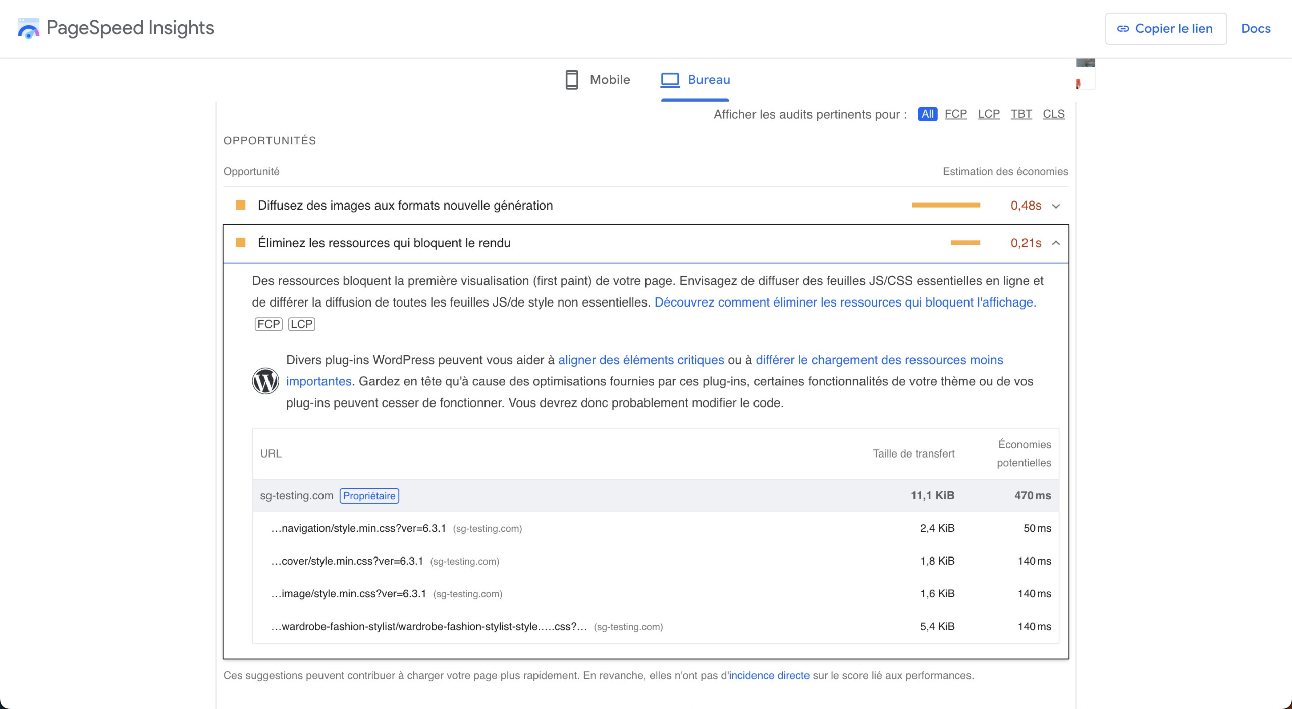 Vue détaillée d'un problème depuis la section Opportunités de Google PageSpeed Insights