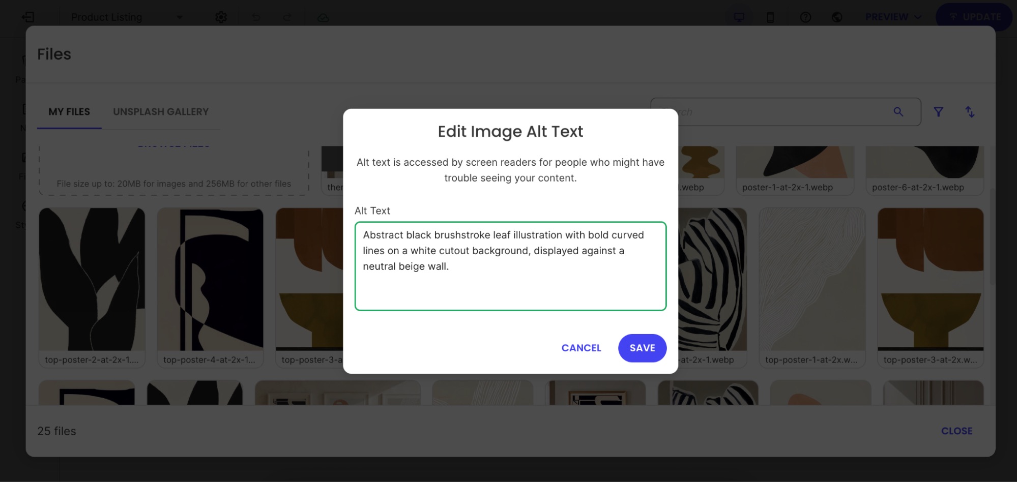 Modal window for editing image Alt Text within a website builder, displaying a complete example of a descriptive alt text for an abstract black brushstroke leaf illustration.