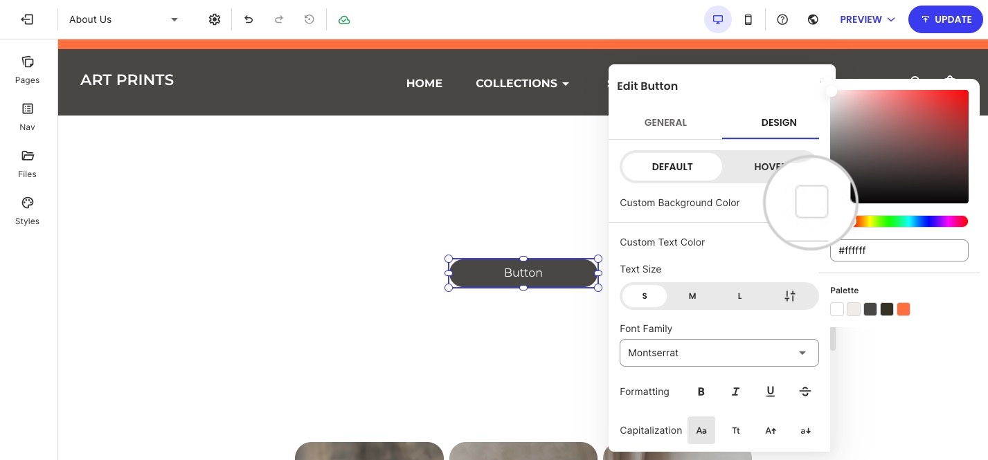 Using a color picker tool in a website builder to set a custom background color for a button element.