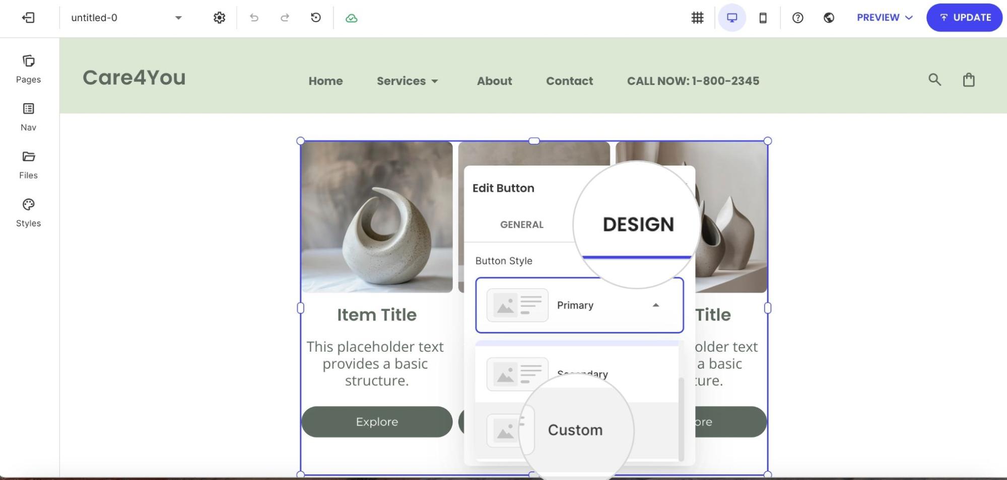 Design tab of the Edit Button panel showing a dropdown to select between Primary, Secondary, or Custom styles.