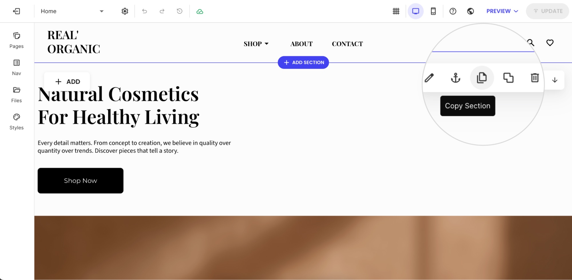 SiteGround Website Builder dashboard with the Copy Section button highlighted in the editor.