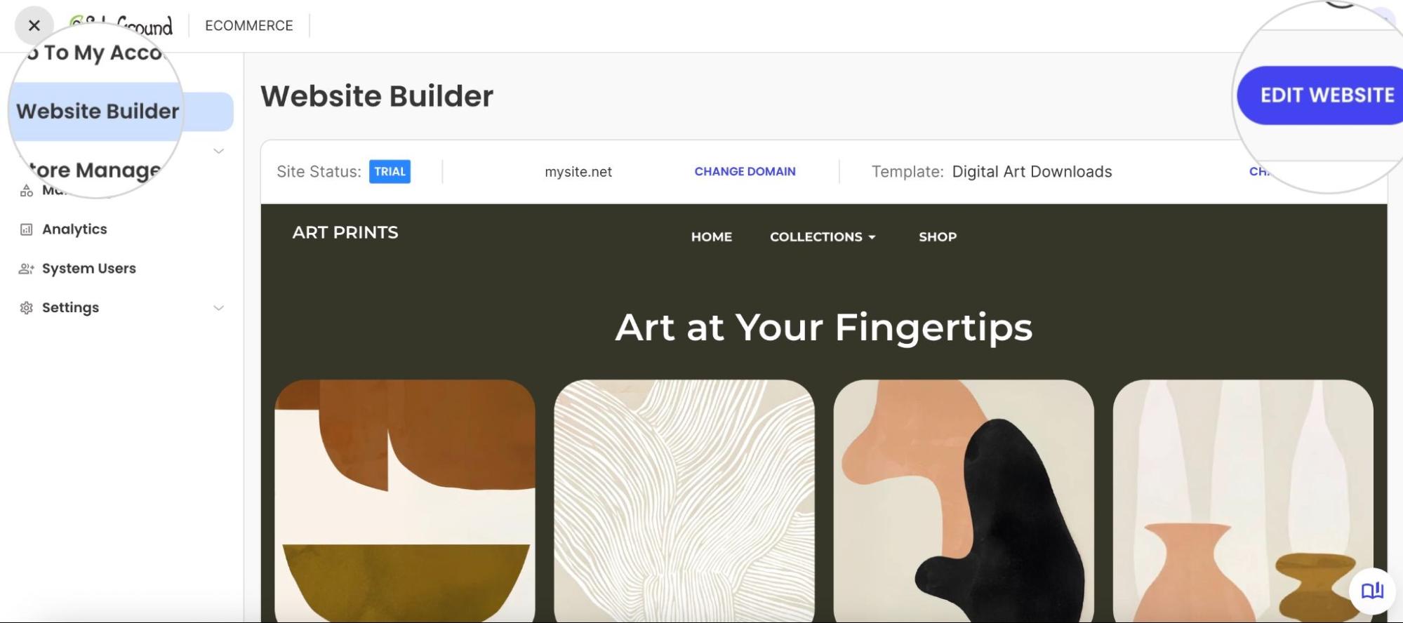Dashboard of a website builder showing a trial site titled "ART PRINTS" with an "EDIT WEBSITE" button.
