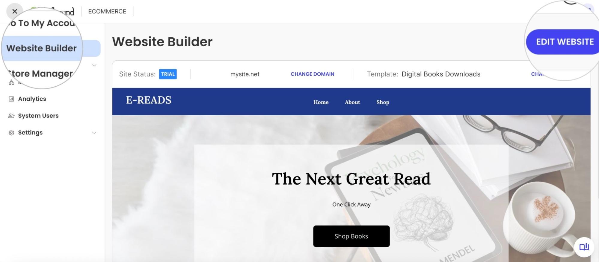Dashboard of a website builder for "E-READS" showing a "Digital Books Downloads" template with an "EDIT WEBSITE" button.