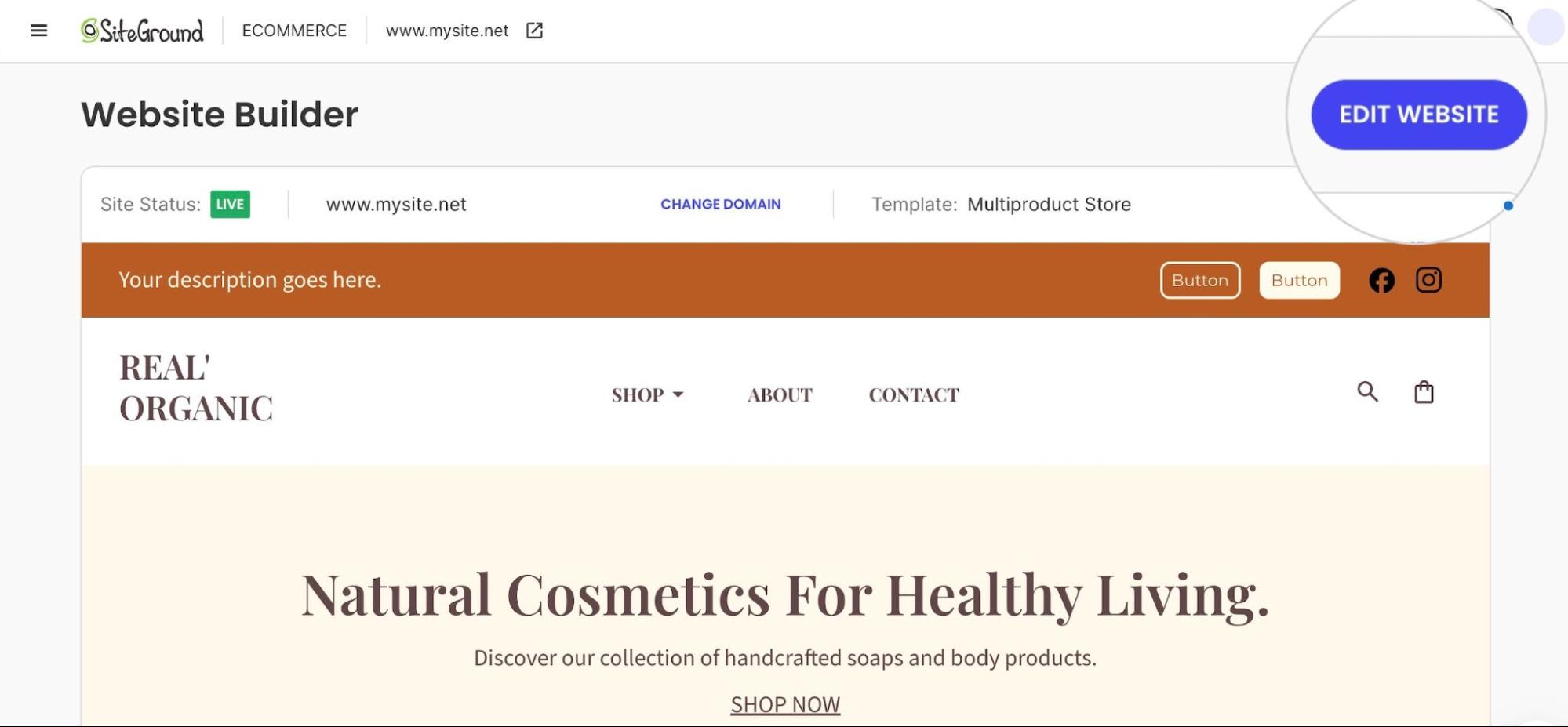 Tableau de bord principal du Website Builder pour une boutique multiproduits de cosmétiques naturels sur mysite.net.