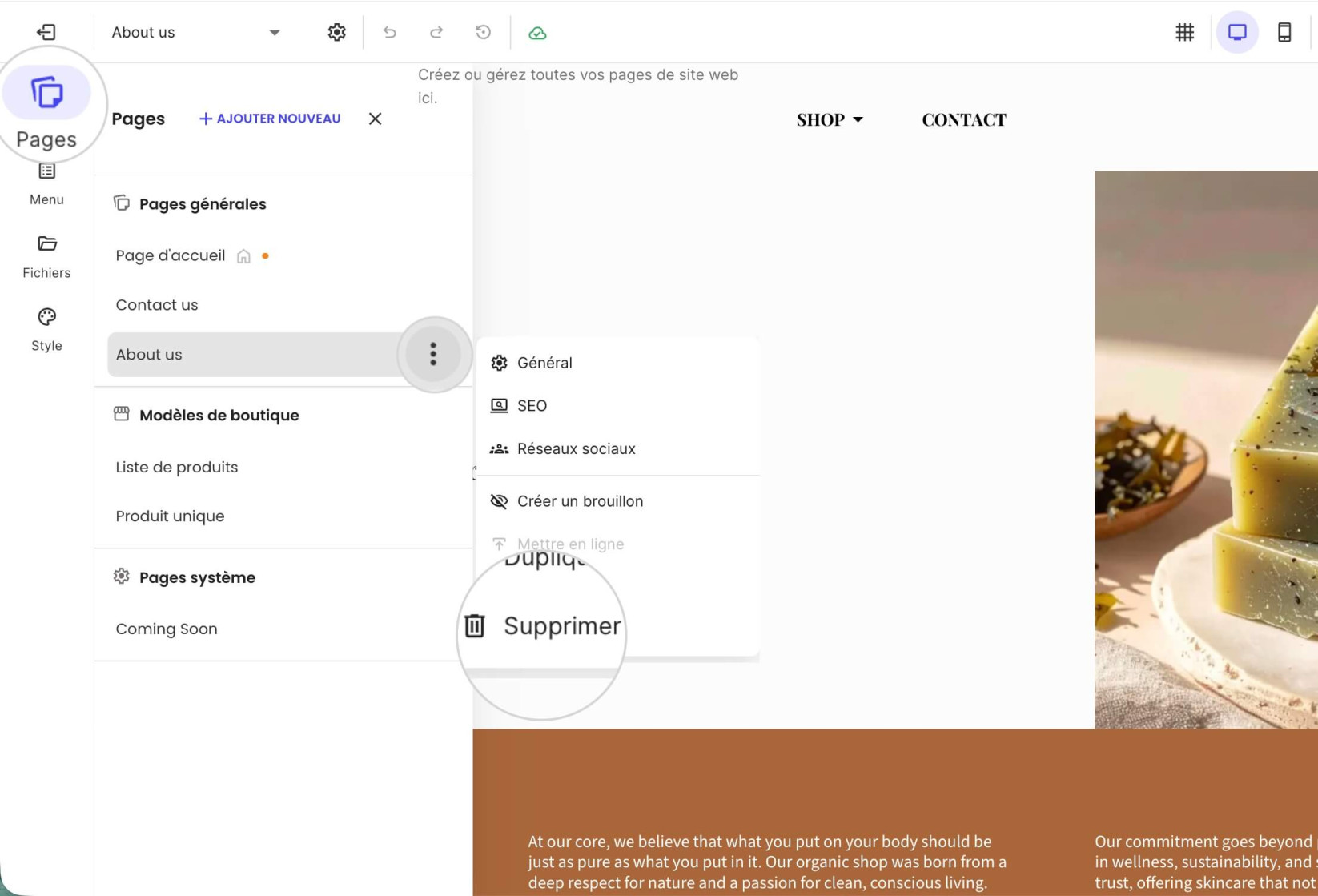 Menu Paramètres avec l'action Supprimer mise en évidence pour une page dans Website Builder ou Ecommerce