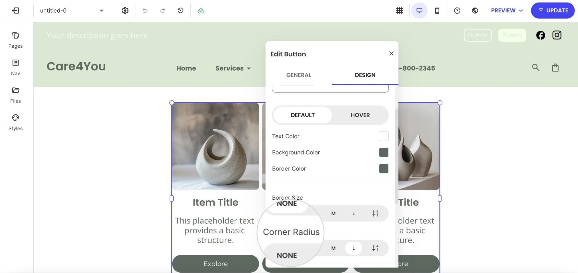 Design settings for a button element showing customization options for text color, background, and corner radius.