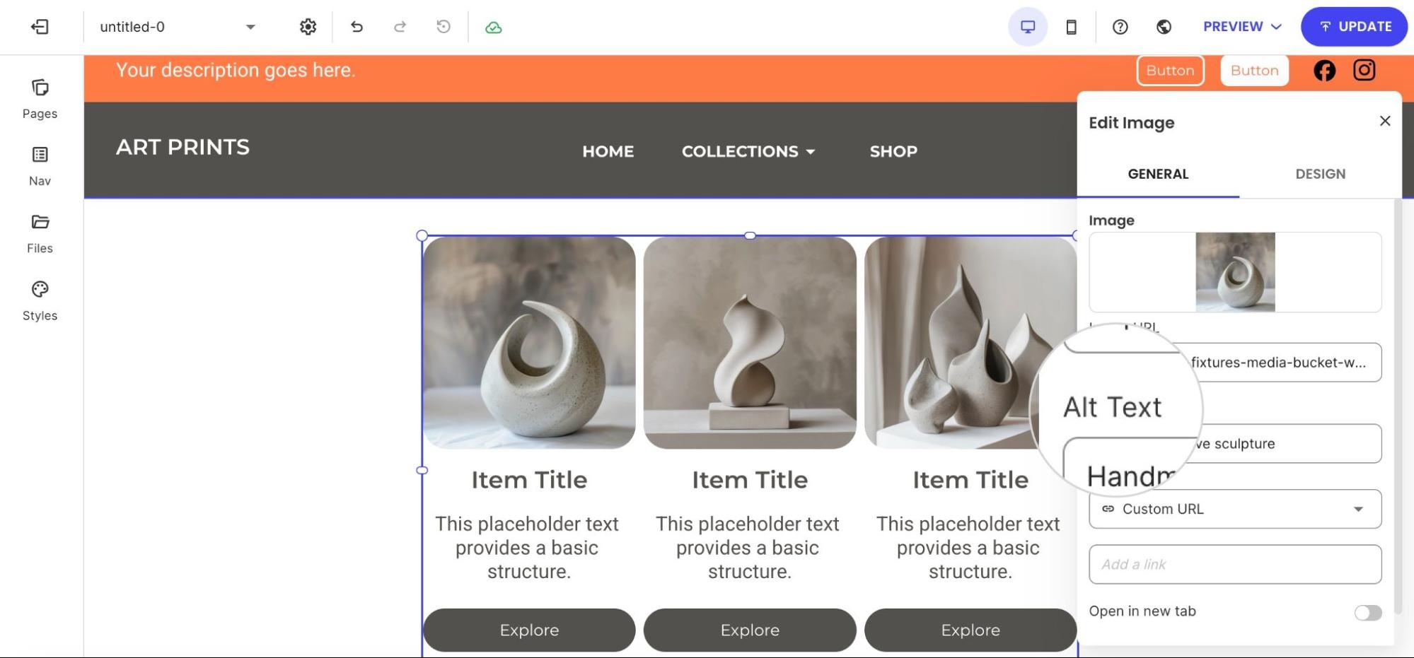 Edit Image side panel in a website builder, highlighting the input field for 'Alt Text' with the phrase 'decorative sculpture' partially visible, for an image within a content block.