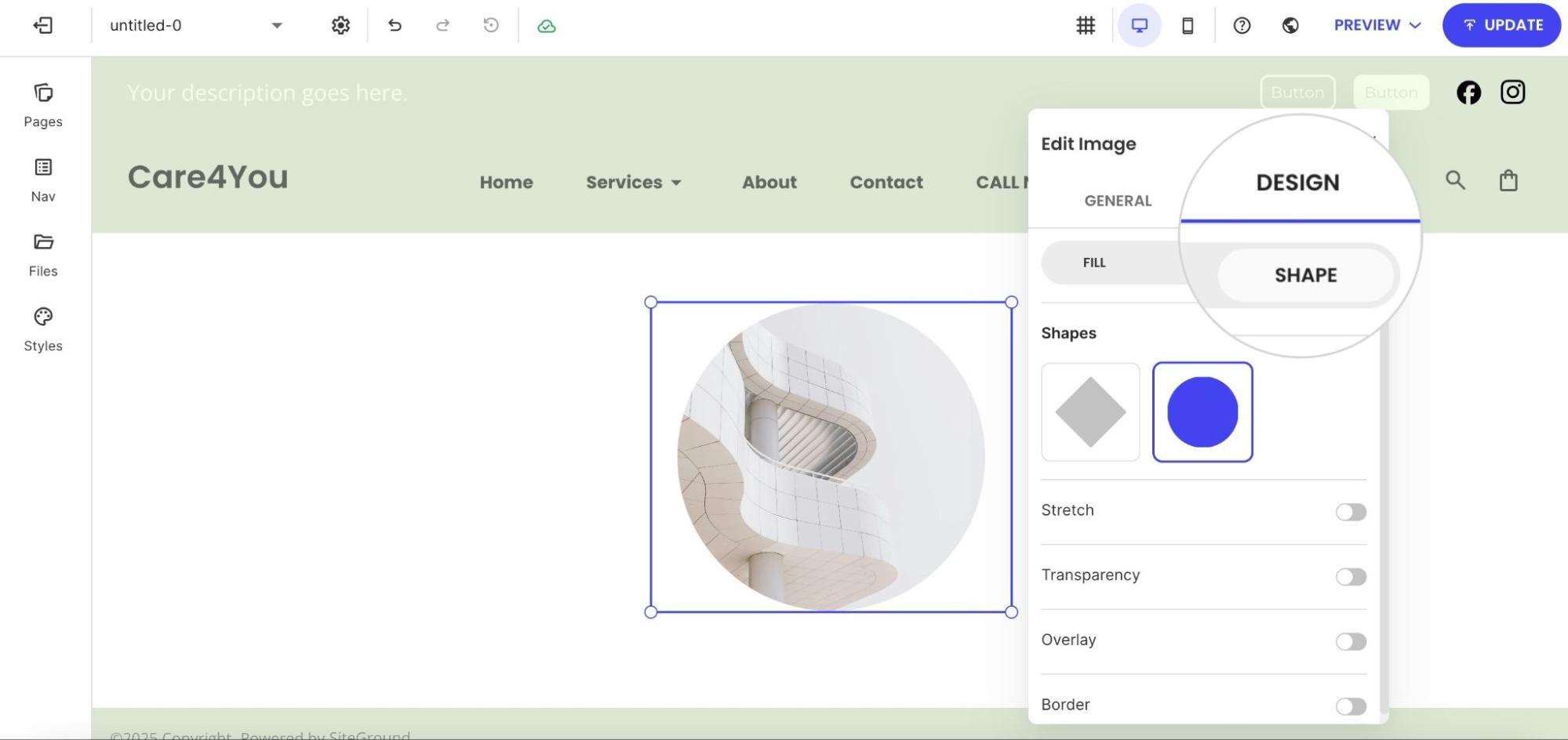 Edit Image panel showing the Shape tab with options to change an image to a circle or other geometric forms.
