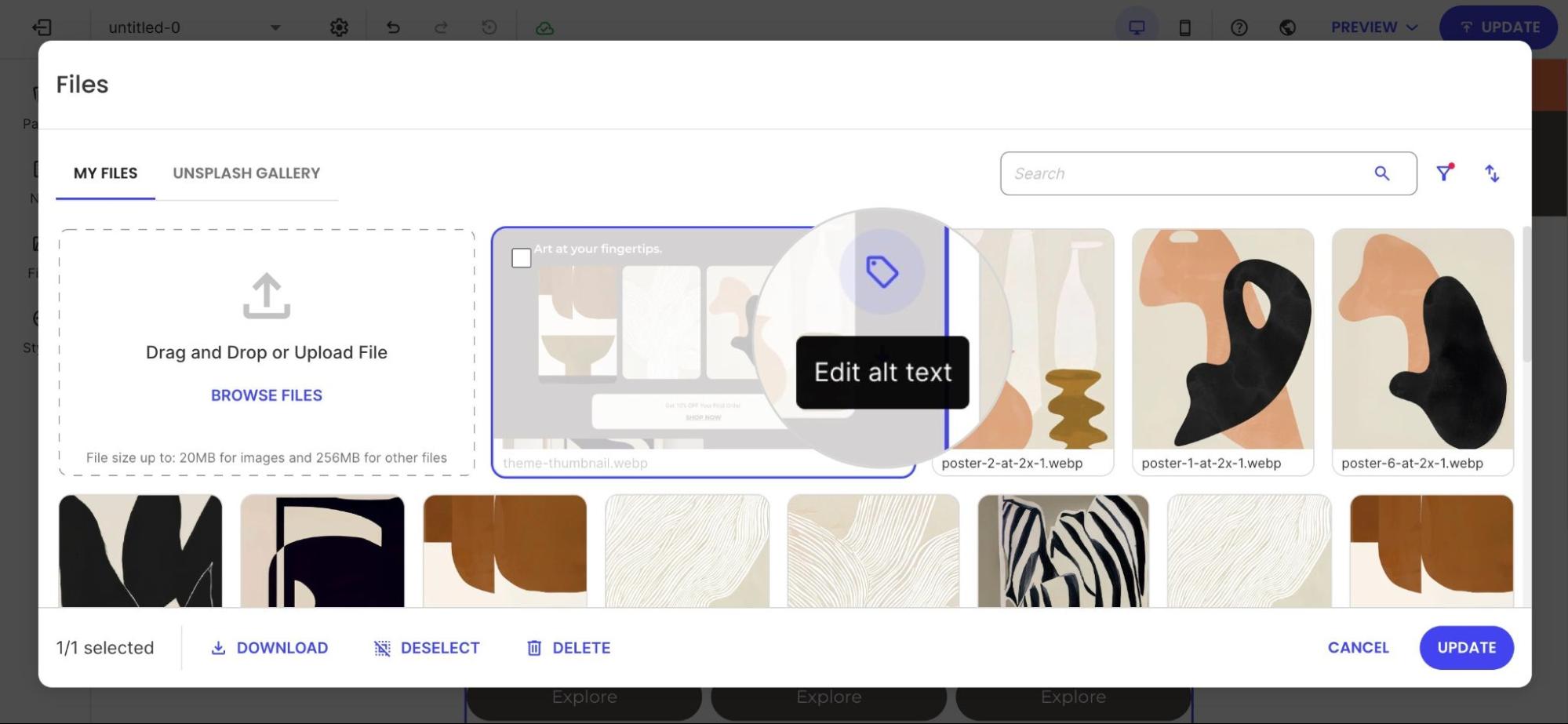 Screenshot of the website builder's Files section showing a list of media assets and a highlighted option to "Edit alt text" for a selected image file for SEO and accessibility.