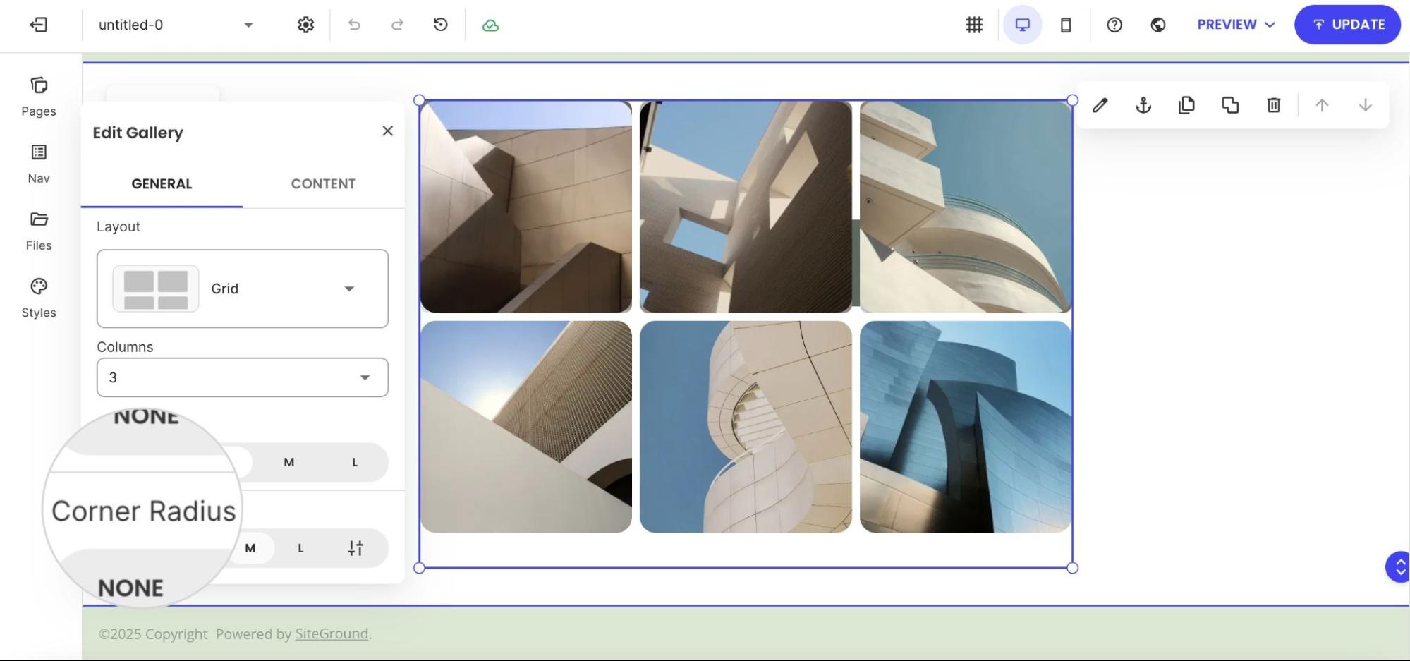 Edit Gallery panel showing grid layout options and corner radius settings for image elements.