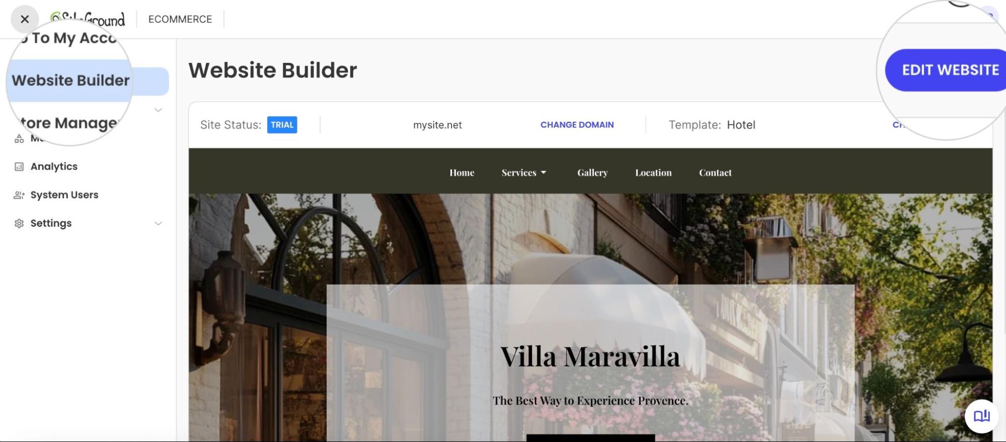 Dashboard for the Website Builder showing the Hotel template for mysite.net