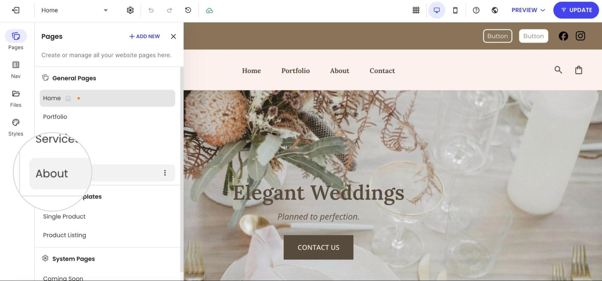 The Pages management sidebar in the website editor with the "About" page selected from the list of general pages.