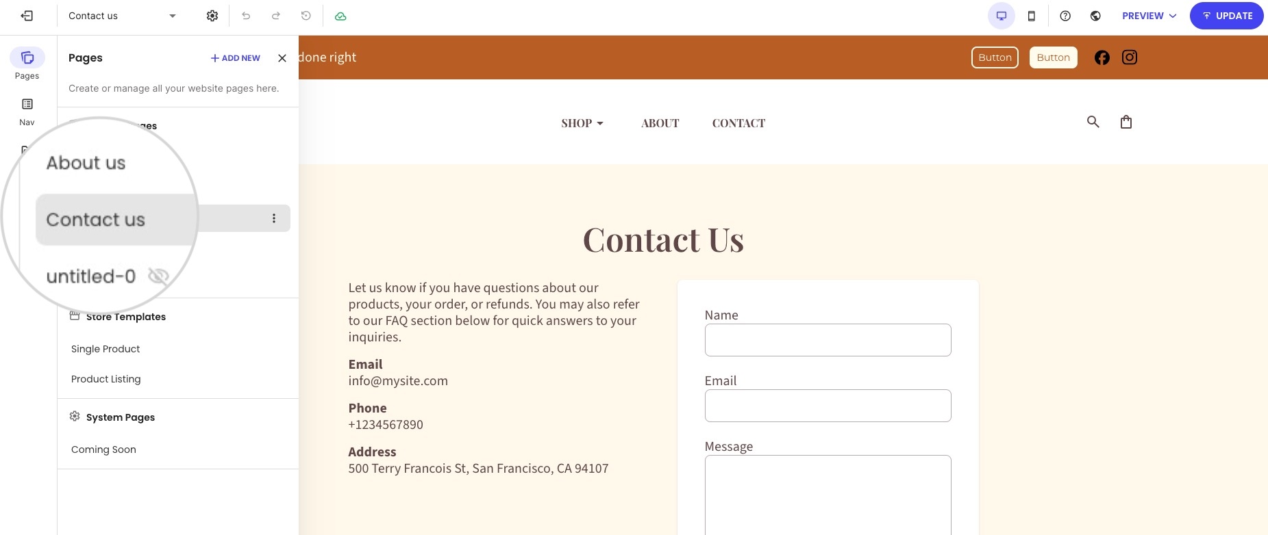 The Pages menu in the website editor with the "Contact us" page selected, showing the contact form and details.