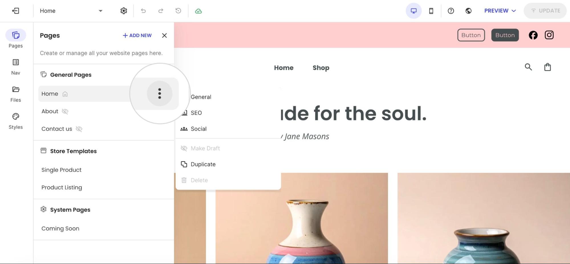 The Pages menu in a website editor with the Home page selected and a context menu open showing General, SEO, and Social options.