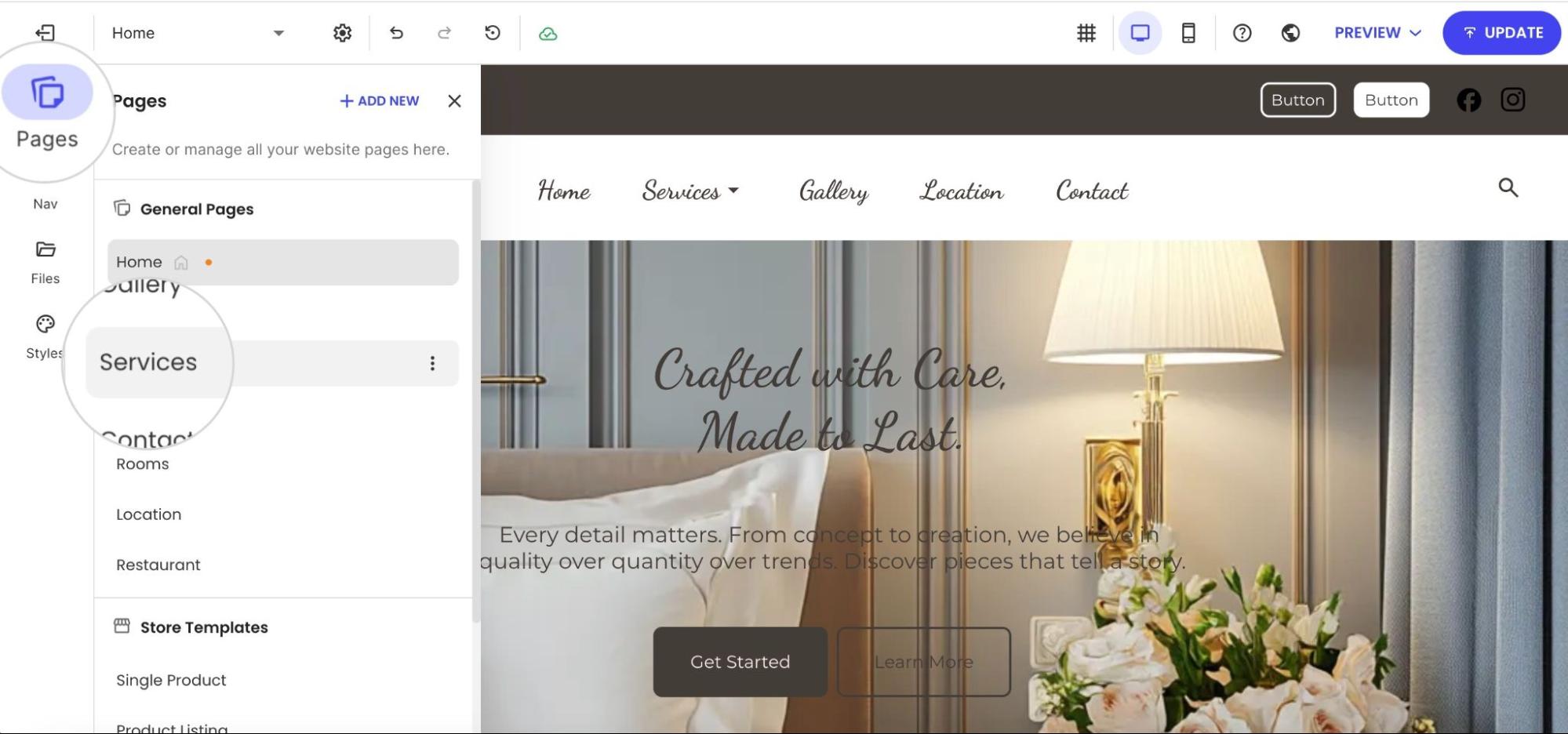 The Pages management panel in the Website Builder with the Services page selected.