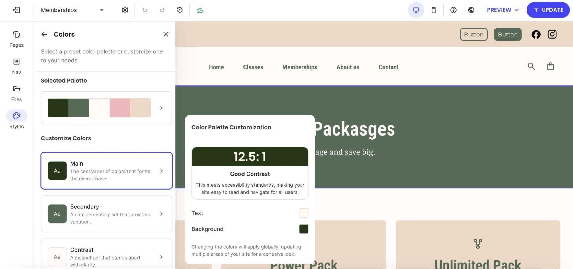 Global color palette customization panel showing accessibility contrast ratios and options for main, secondary, and contrast colors.