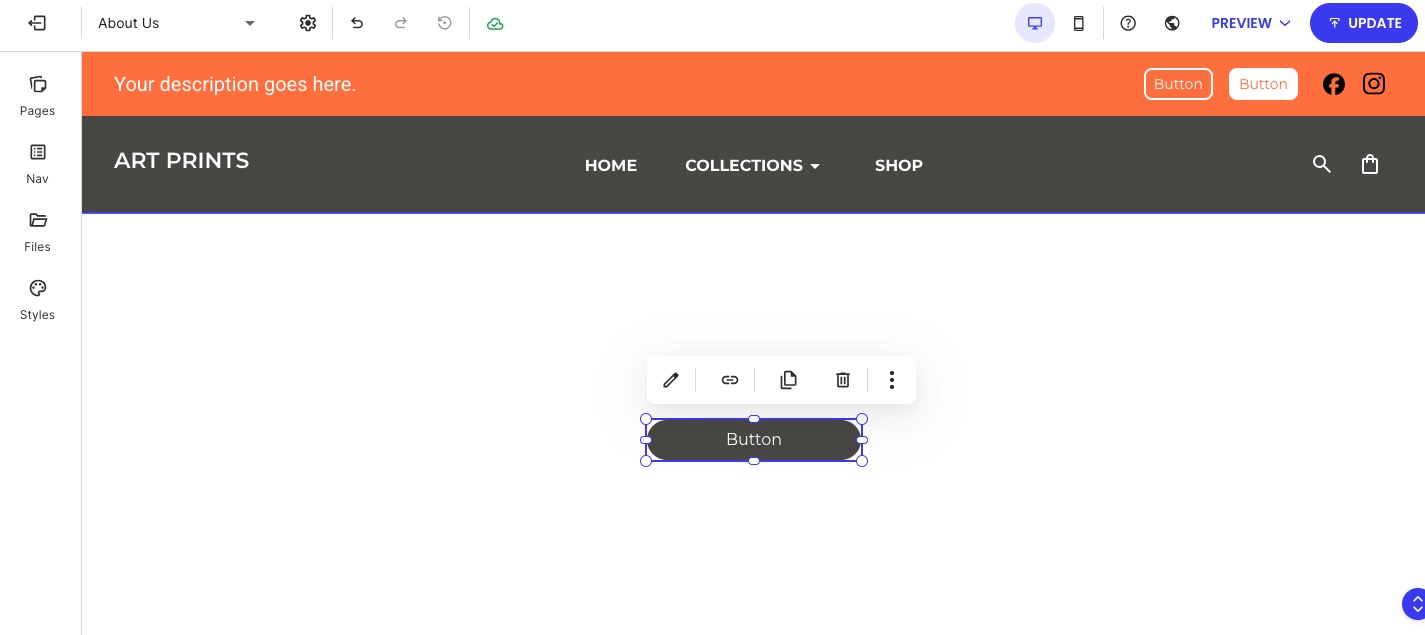 A selected button element in a website editor with a floating menu for editing, linking, and deleting.