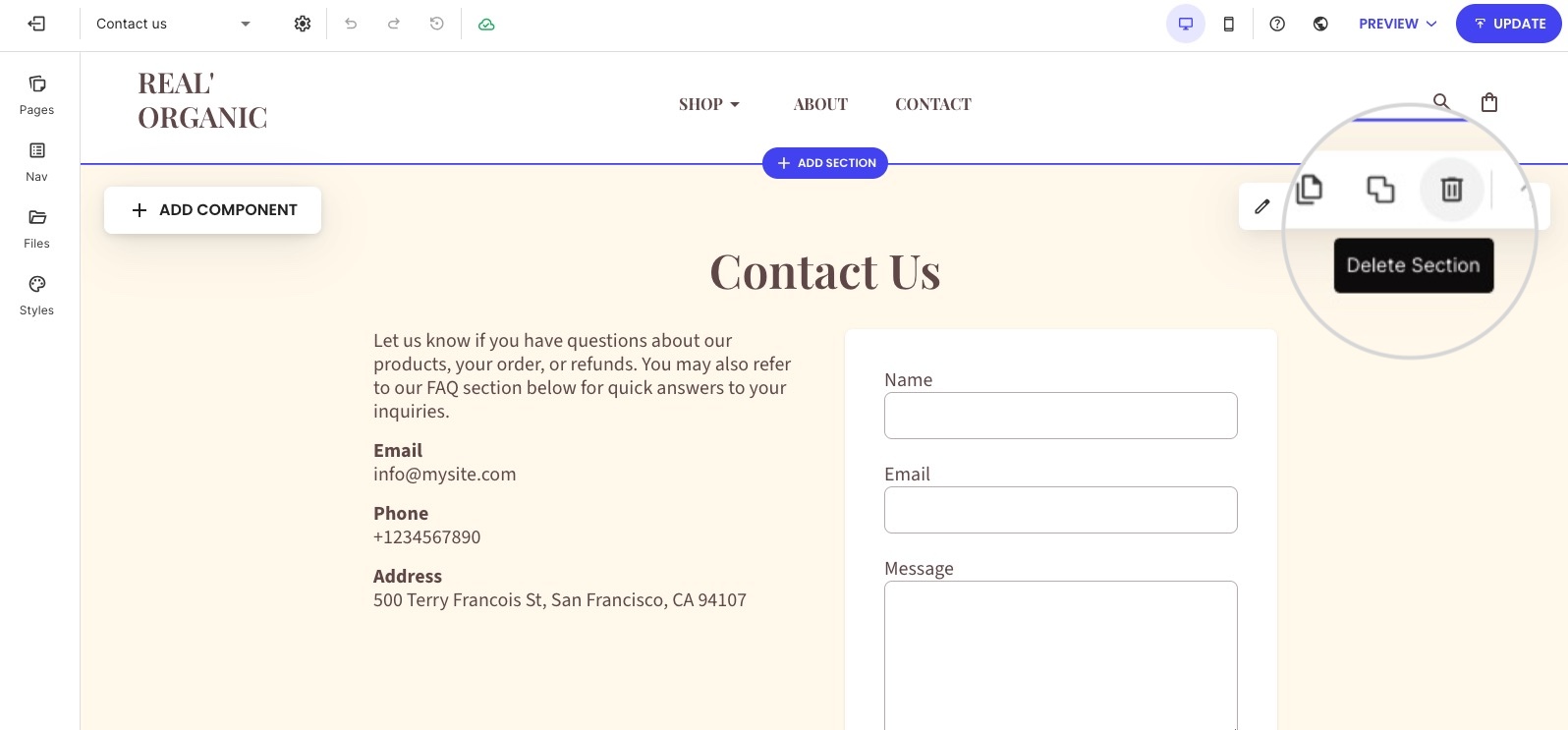 A "Delete Section" tooltip and trashcan icon highlighted over a content block on a "Contact Us" page in the website editor.
