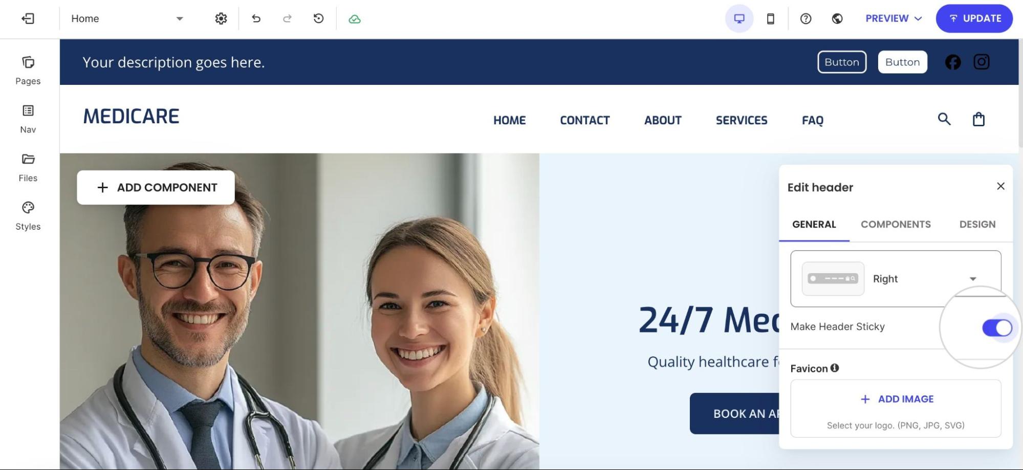 The Edit Header panel in a website builder with the "Make Header Sticky" toggle switch turned on.
