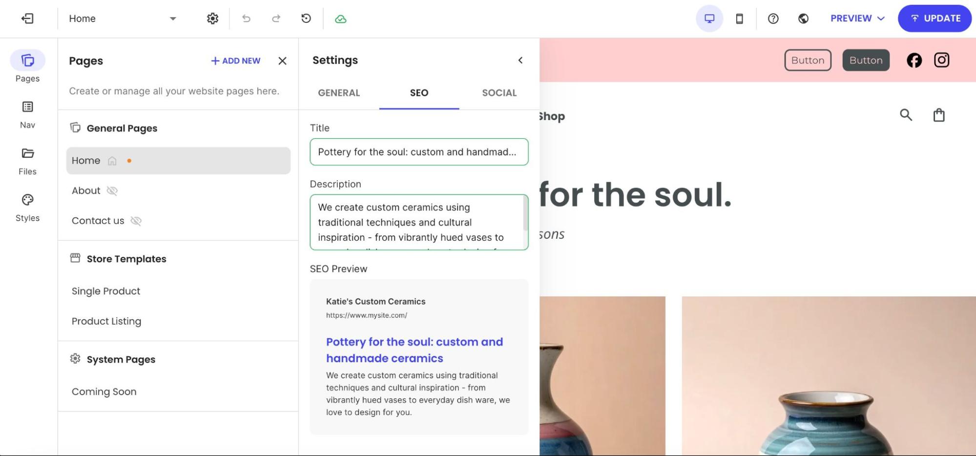 The SEO settings panel for a webpage showing fields for Title and Description with a live search engine result preview.