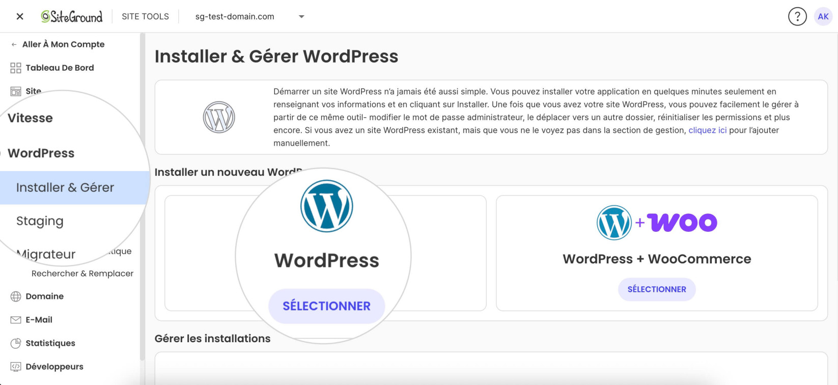 Interface SiteGround Site Tools dans la section Installer et gérer WordPress, montrant les options pour installer WordPress ou WordPress avec WooCommerce.