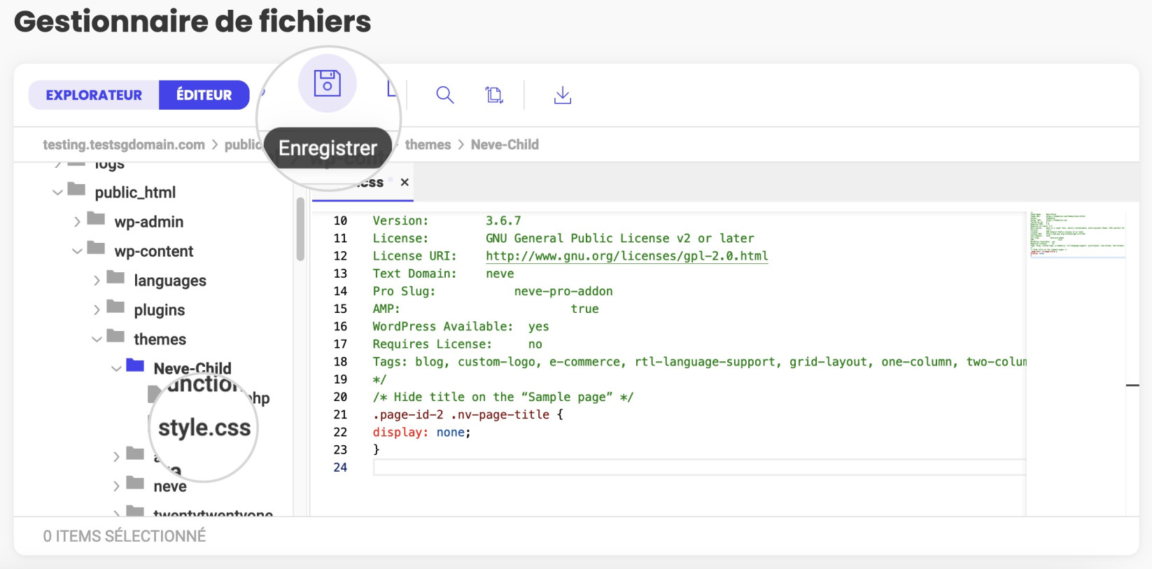 Capture d’écran montrant comment masquer les titres des pages dans WordPress à l’aide du fichier style.css d’un thème enfant