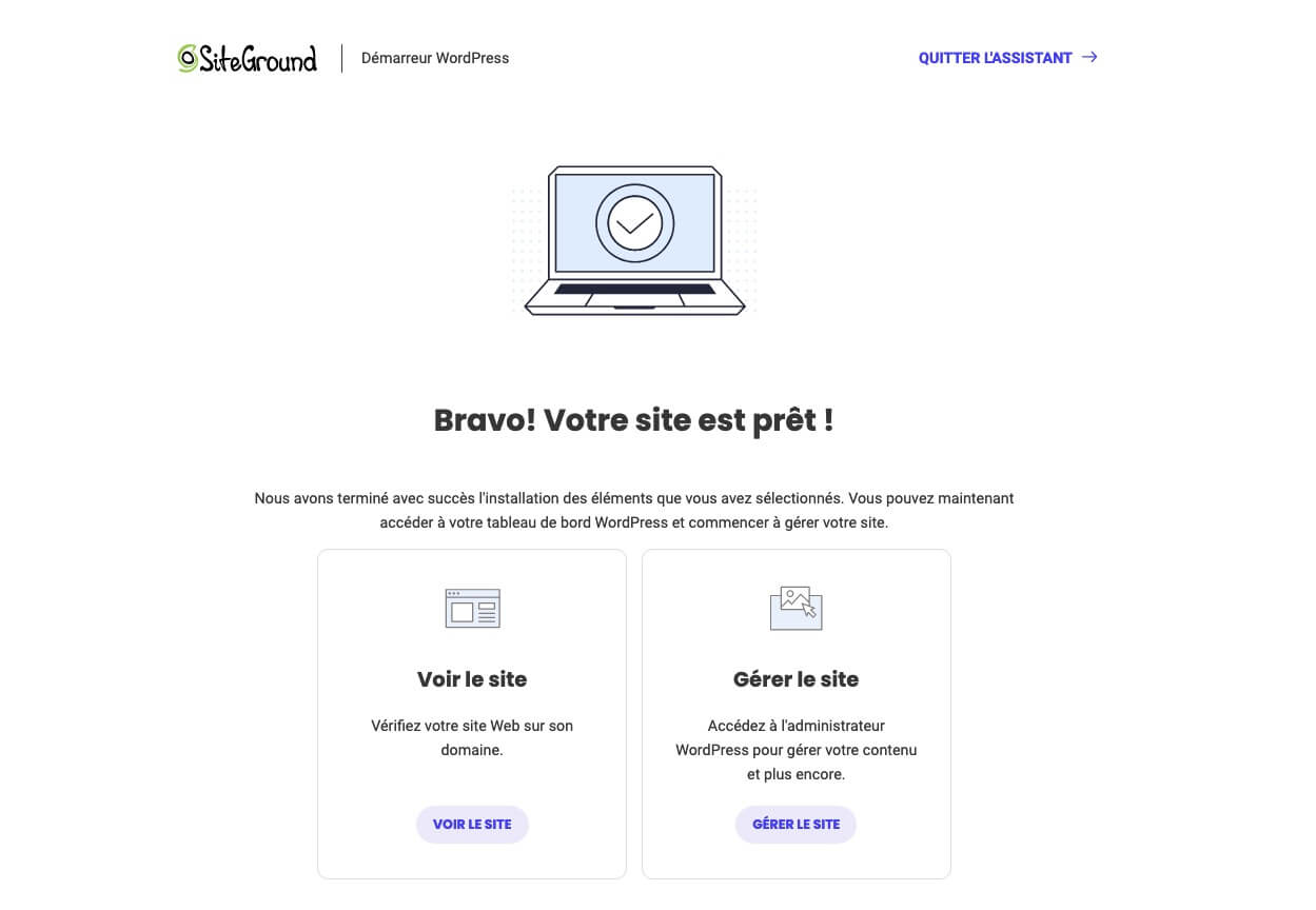 Interface WP Starter montrant un nouveau site WordPress prêt à être lancé