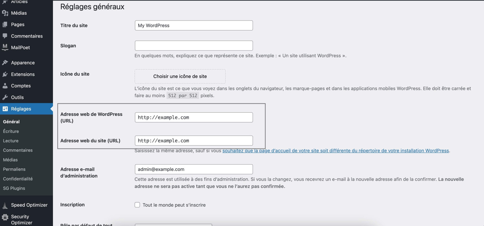 Page des Paramètres Généraux de WordPress. Options mises en évidence pour modifier les URLs du Site et de la Page d’accueil de WordPress.