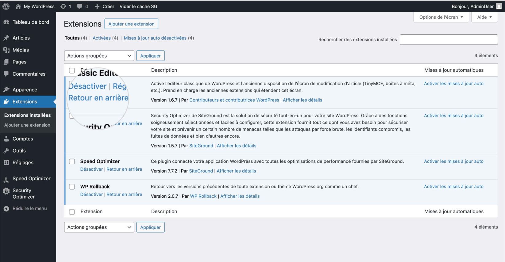 Retour en arrière des plugins WordPress