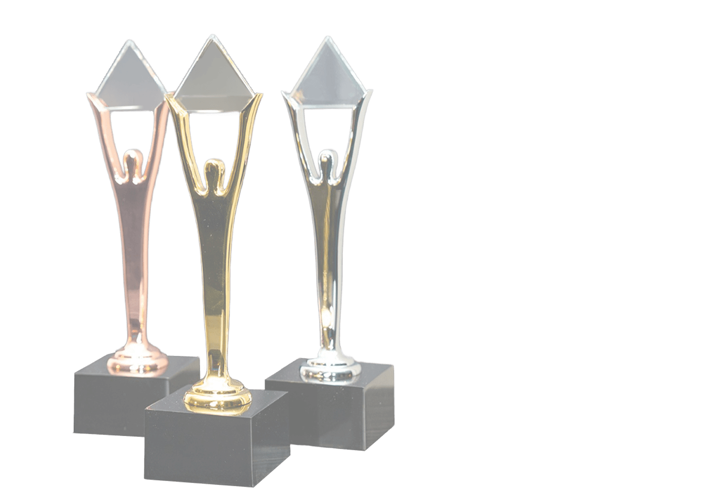 Three trophies recognizing SiteGround's achievements in service, workplace, and innovation