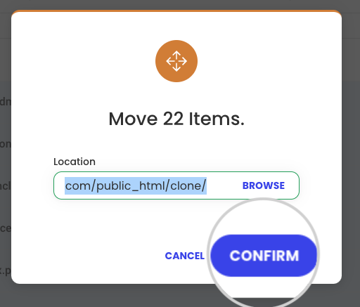 Confirm moving the files to the clone's folder
