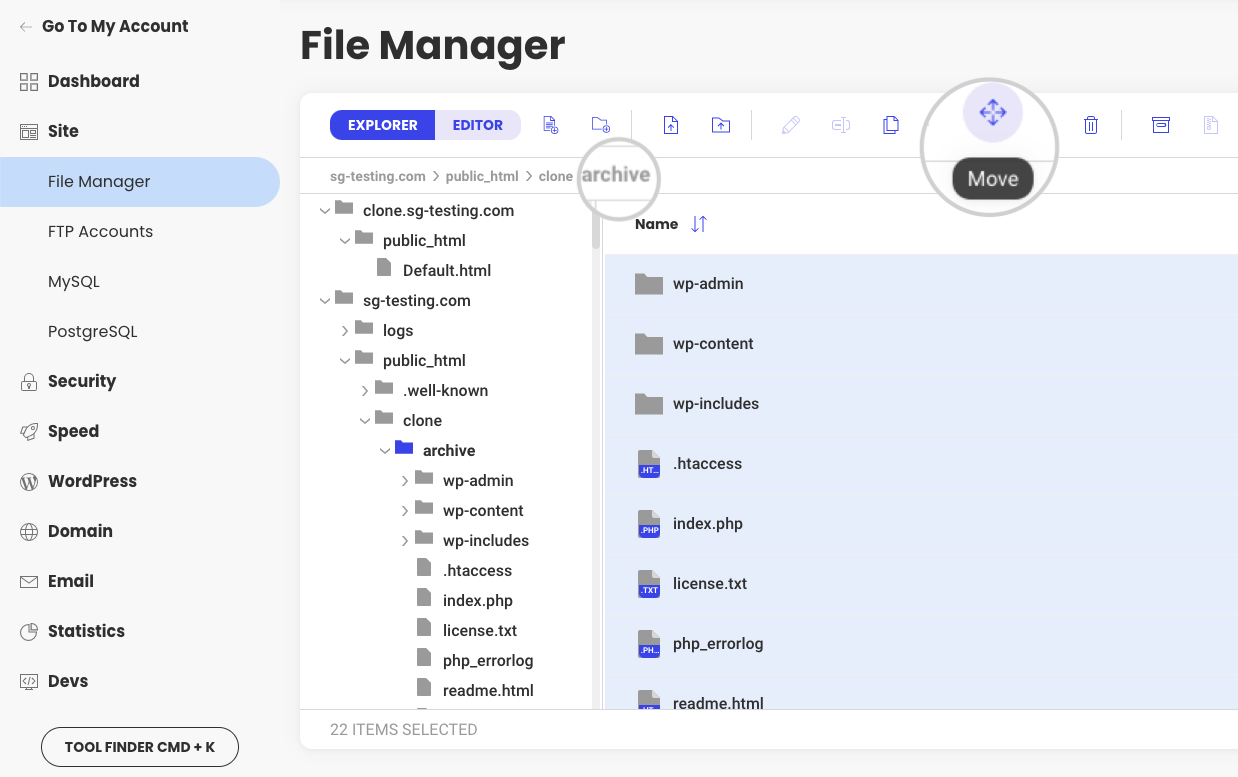 Move the files from the archive folder to the clone's folder
